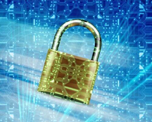 Animated picture of a lock with coding over the top with a blue background